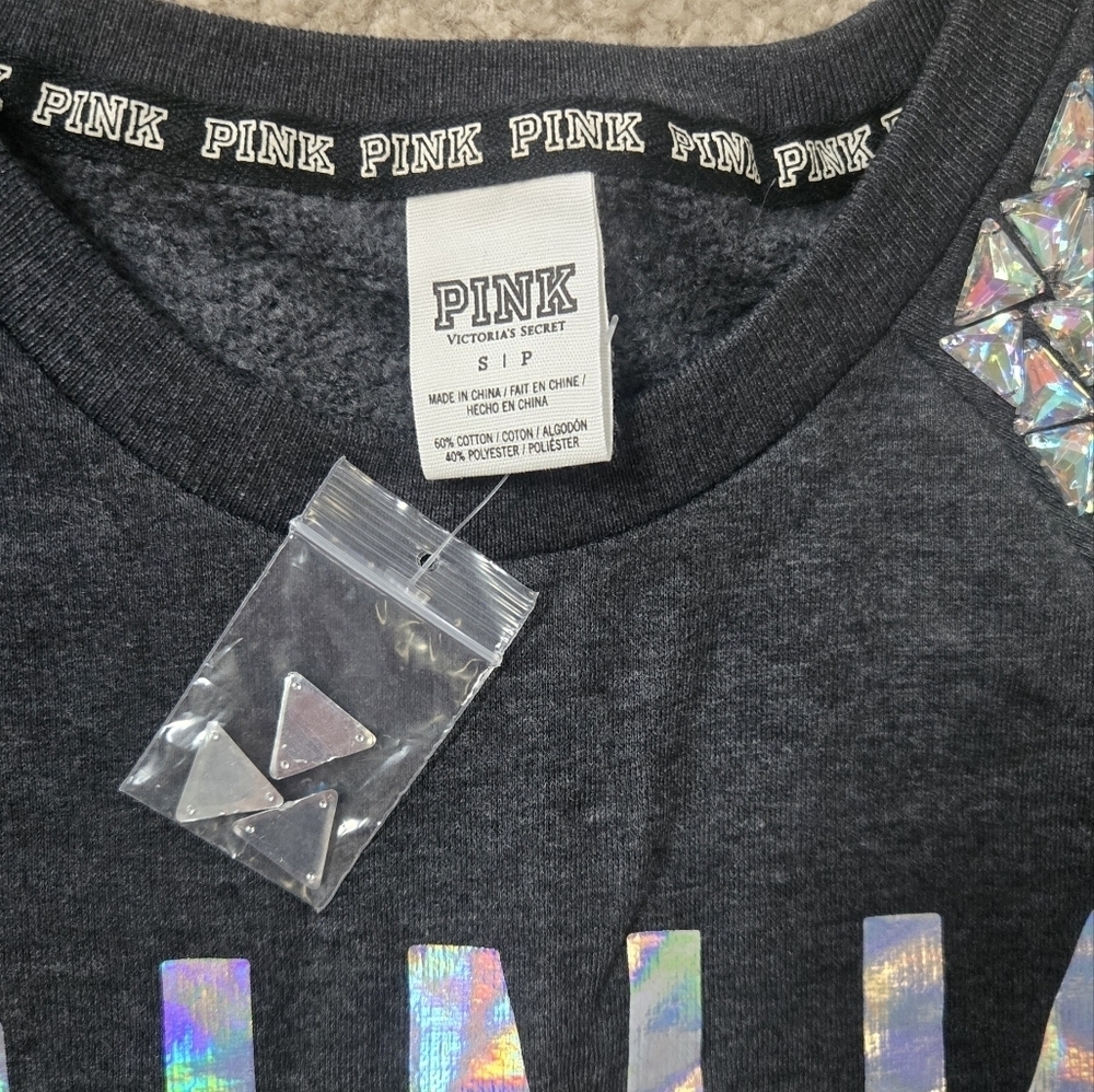NWOT VS PINK Charcoal Embellished and Iridescent Sweatshirt Size Small - Picture 2 of 4